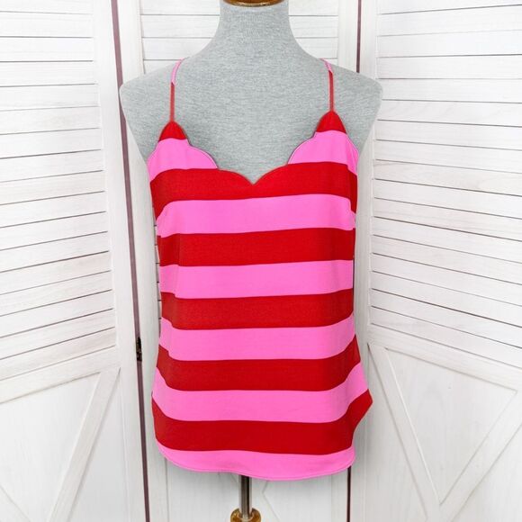 J.Crew Scalloped Striped Cami Halter Tank Top Shirt Pink Red 4 - Picture 1 of 13